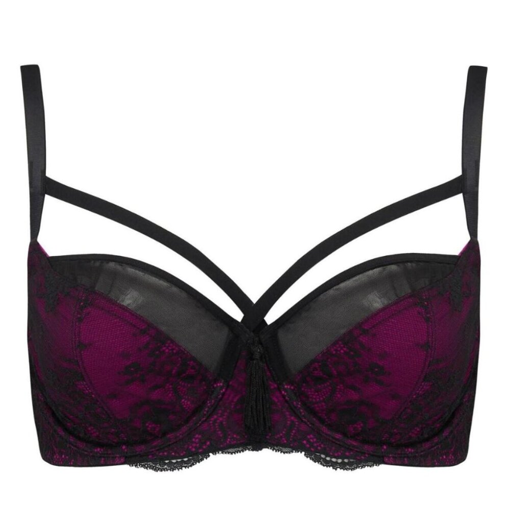 NWT 36GG UK Sensation Underwire Balcony Bra Black/Fuchsia